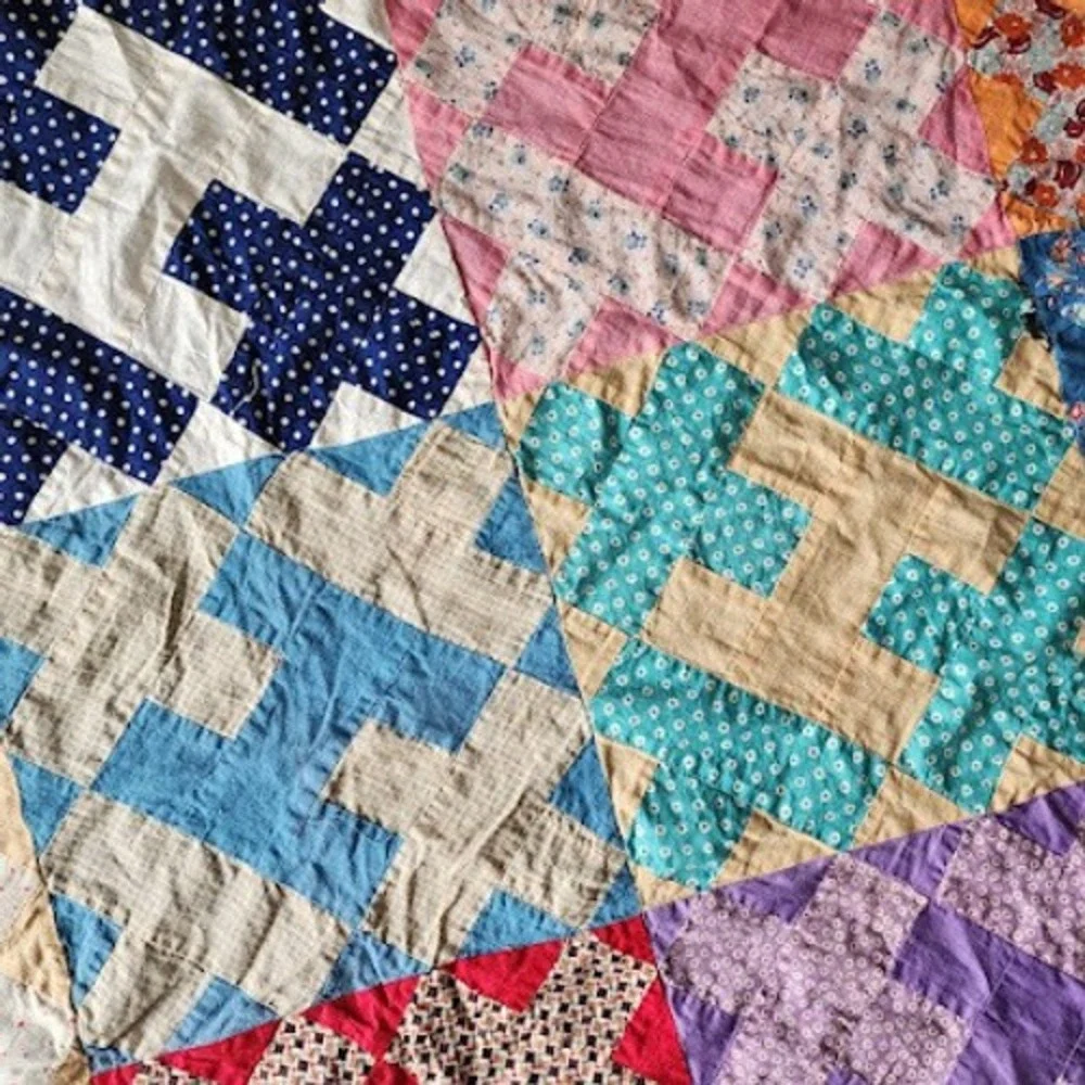 1940s Patchwork Quilt Top Only Feedsack Calico Cross Crown 55x70